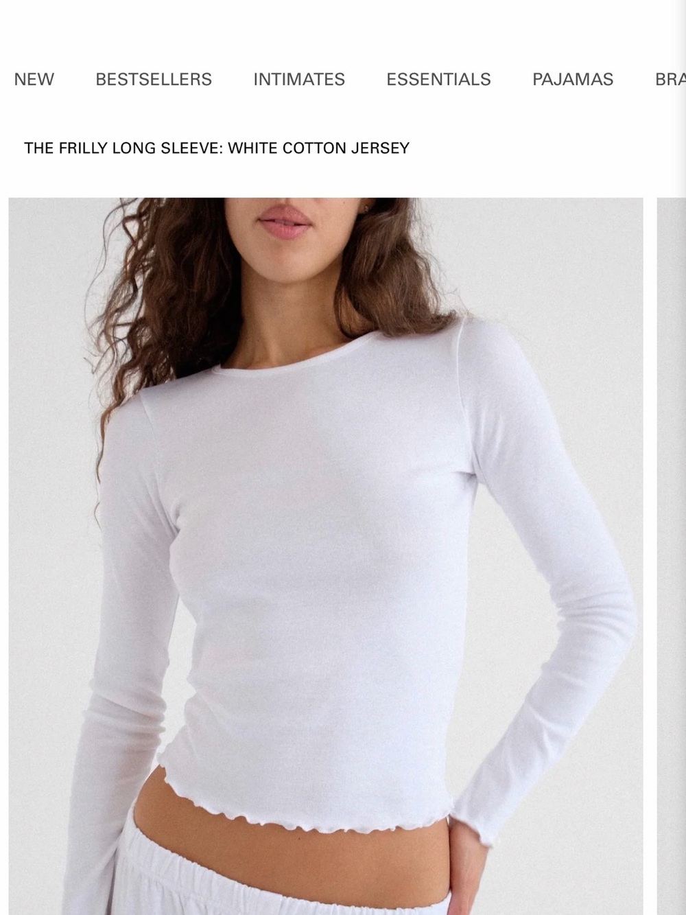 Cotton Frill-Hem Long Sleeve Tee - White